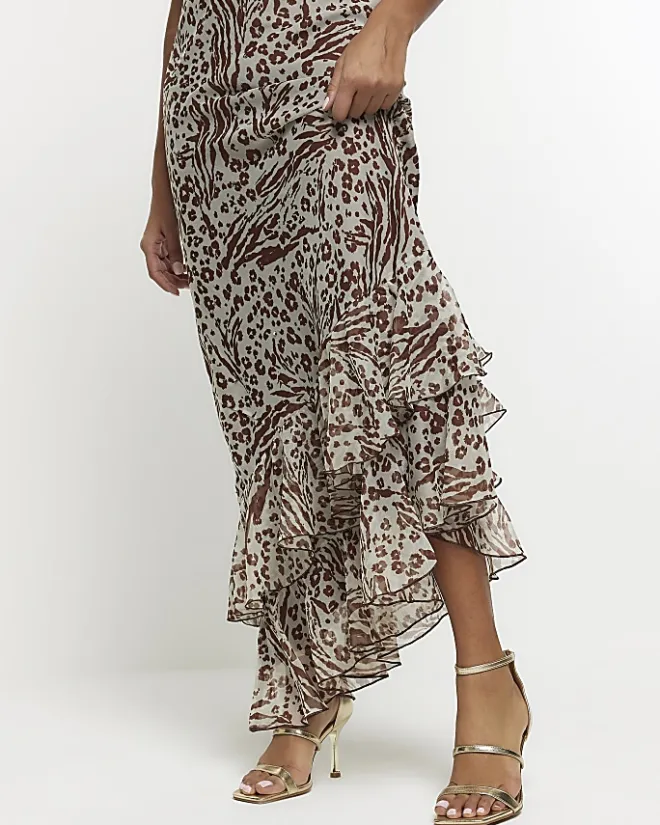 River Island animal print frill slip maxi dress Brown Fashion