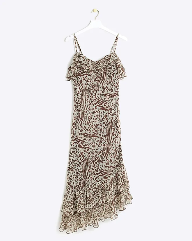 River Island animal print frill slip maxi dress Brown Fashion