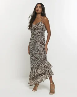 River Island animal print frill slip maxi dress Brown Fashion