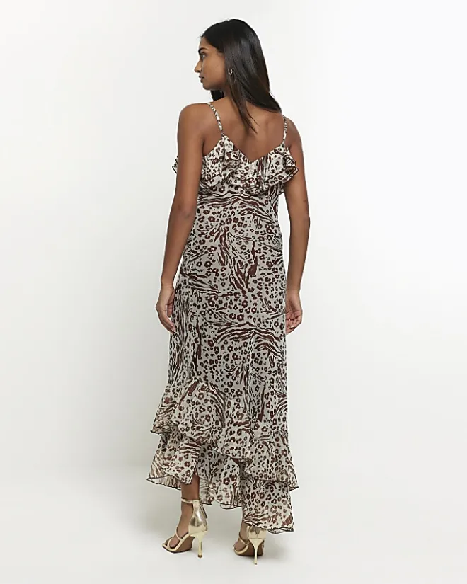 River Island animal print frill slip maxi dress Brown Fashion