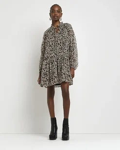 River Island animal print smock mini dress Brown Online