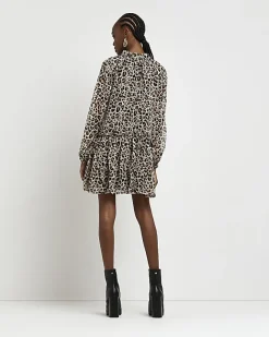 River Island animal print smock mini dress Brown Online