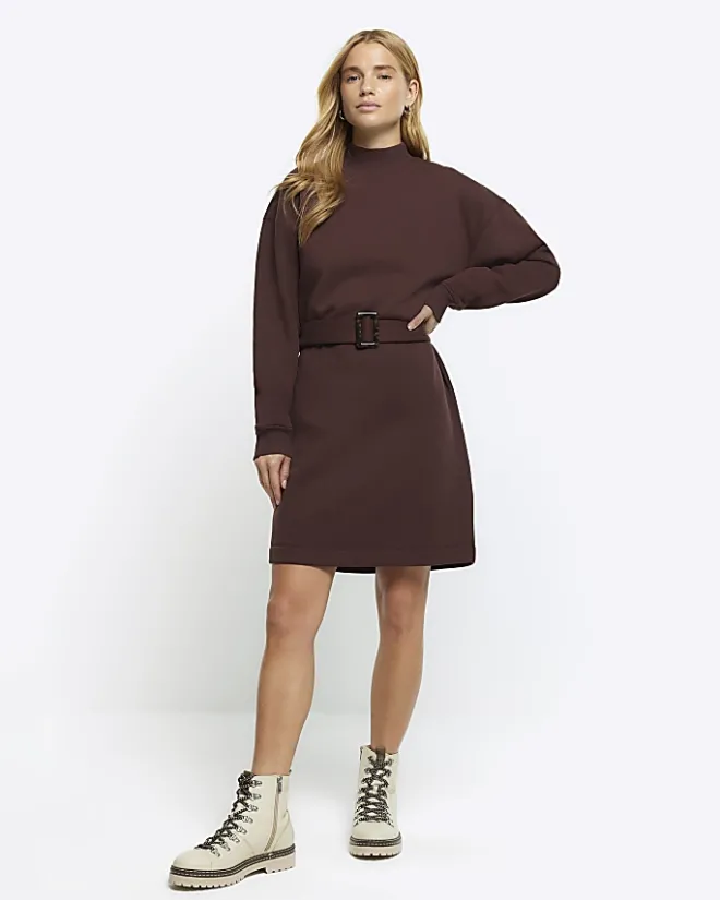 River Island Belted Sweatshirt Mini Dress Brown Clearance