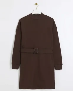 River Island Belted Sweatshirt Mini Dress Brown Clearance