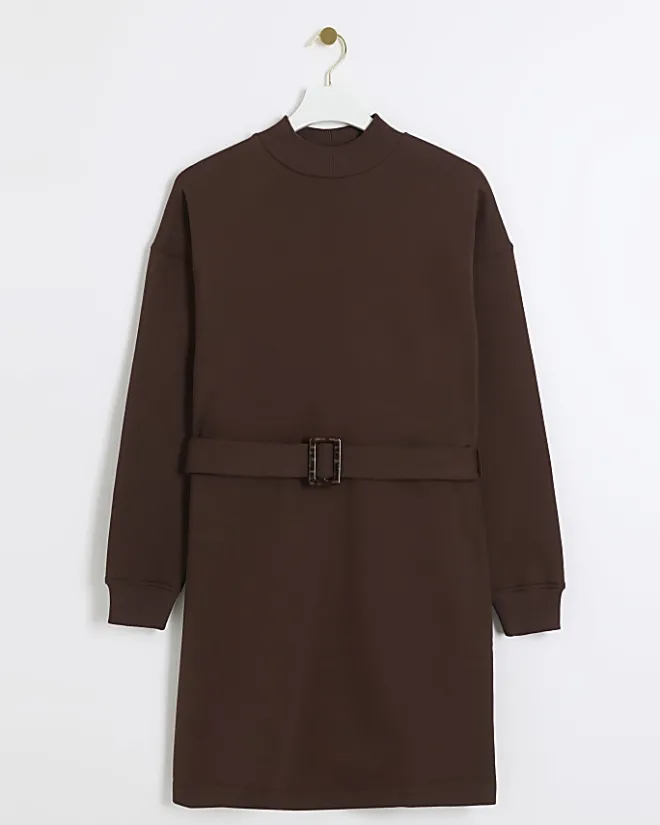 River Island Belted Sweatshirt Mini Dress Brown Clearance