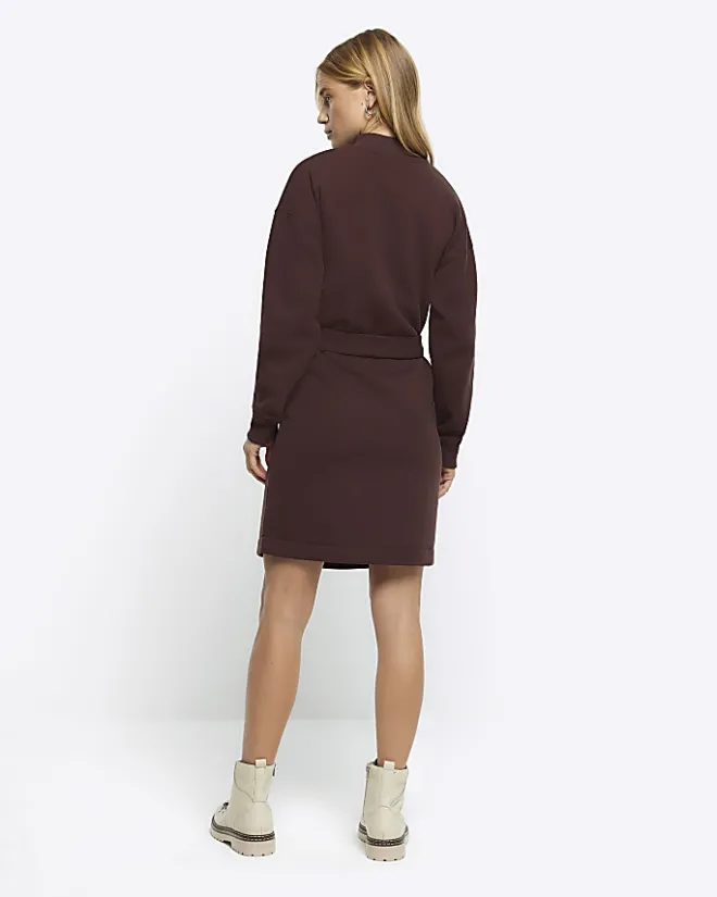 River Island Belted Sweatshirt Mini Dress Brown Clearance
