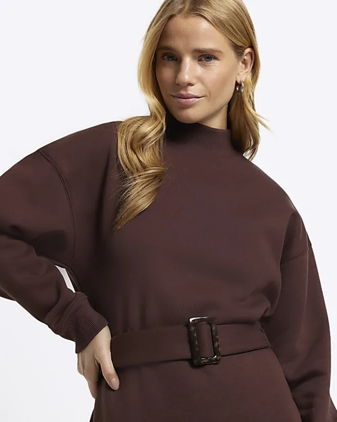 River Island Belted Sweatshirt Mini Dress Brown Clearance
