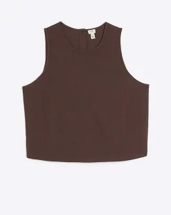 River Island button up sleeveless top with linen Brown Online