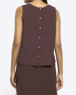 River Island button up sleeveless top with linen Brown Online