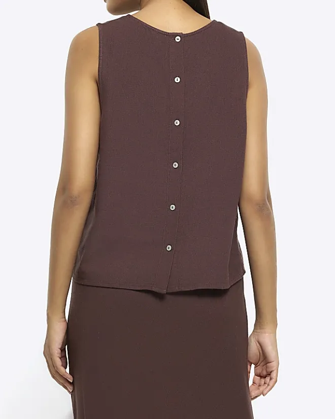 River Island button up sleeveless top with linen Brown Online