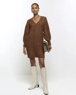 River Island cable knit jumper mini dress Brown Sale