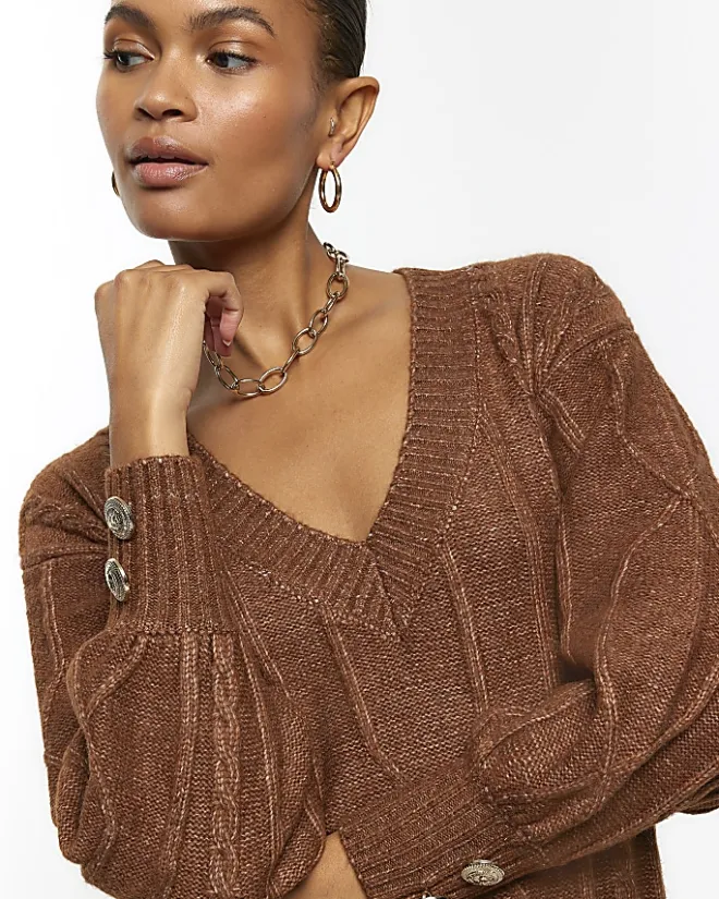 River Island cable knit jumper mini dress Brown Sale