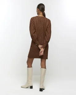 River Island cable knit jumper mini dress Brown Sale