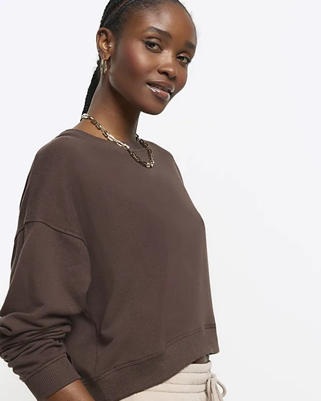 River Island crop plain sweatshirt Brown Clearance