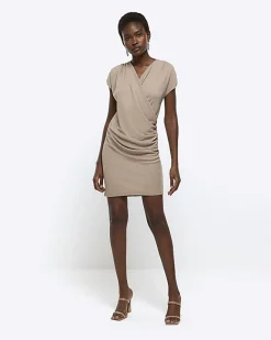 River Island drape wrap bodycon mini dress Brown Sale
