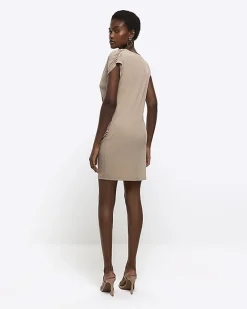 River Island drape wrap bodycon mini dress Brown Sale