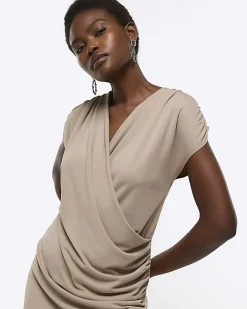River Island drape wrap bodycon mini dress Brown Sale