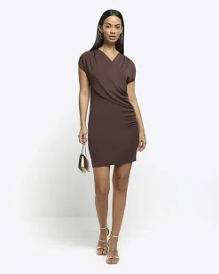 River Island drape wrap bodycon mini dress Brown Hot