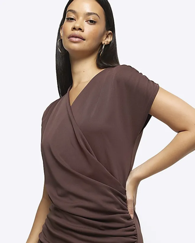 River Island drape wrap bodycon mini dress Brown Hot