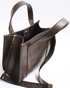 River Island embossed cross body tote bag Brown New
