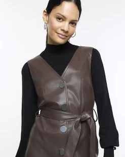 River Island faux leather pinafore mini dress Brown Online