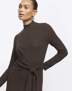 River Island glitter knot bodycon midi dress Brown Fashion