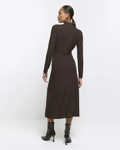 River Island glitter knot bodycon midi dress Brown Fashion