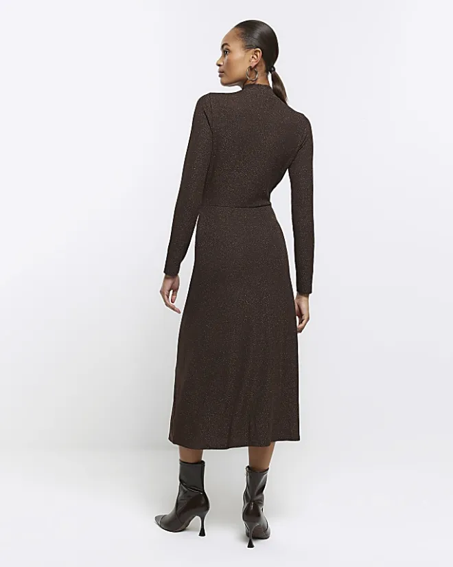 River Island glitter knot bodycon midi dress Brown Fashion