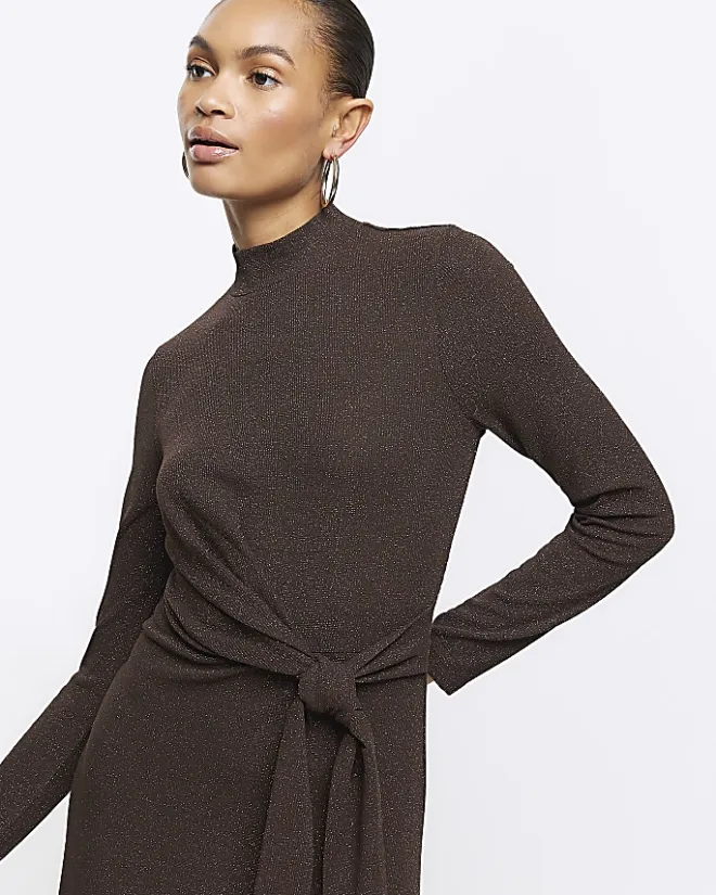 River Island glitter knot bodycon midi dress Brown Fashion