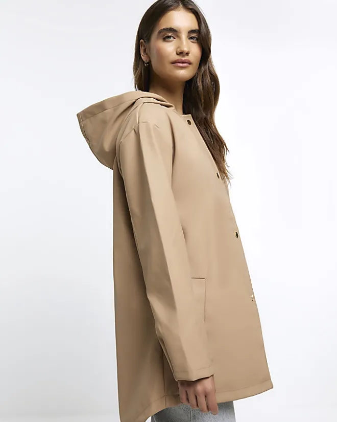 River Island Hooded Rain Coat Brown Discount