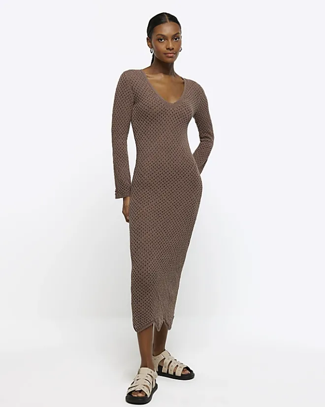 River Island knit bodycon maxi dress Brown Fashion