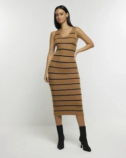River Island knit stripe bodycon midi dress set Brown Sale