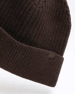 River Island knitted rib beanie Brown Clearance