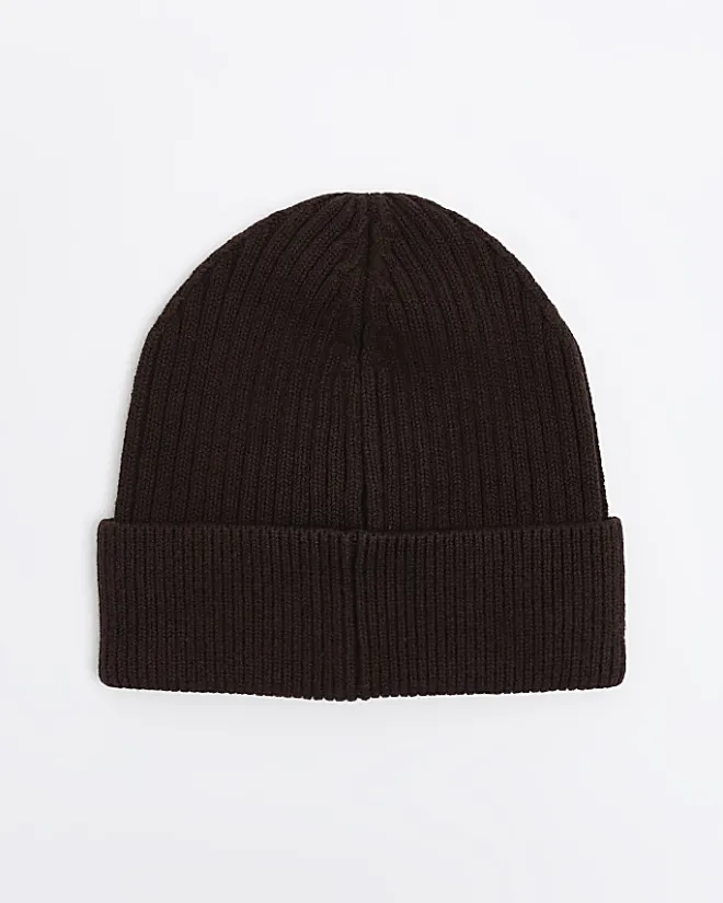 River Island knitted rib beanie Brown Clearance