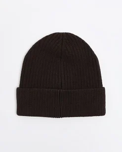 River Island knitted rib beanie Brown Clearance