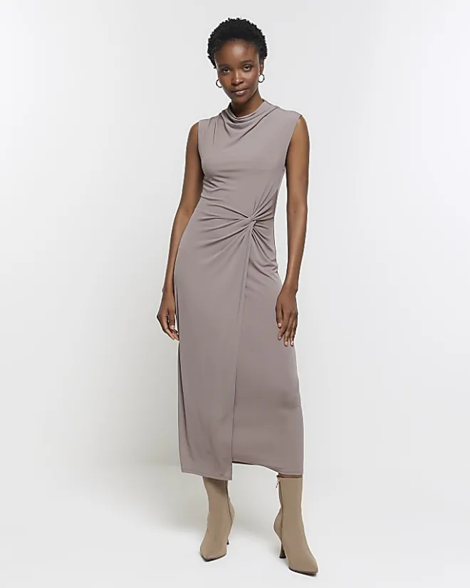 River Island knot detail bodycon midi dress Brown Best