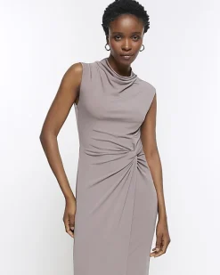 River Island knot detail bodycon midi dress Brown Best