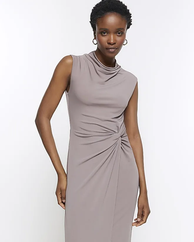 River Island knot detail bodycon midi dress Brown Best