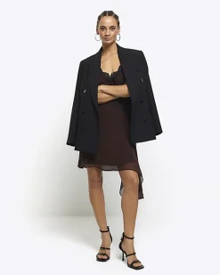 River Island lace trim asymmetric slip mini dress Brown Online