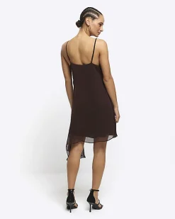 River Island lace trim asymmetric slip mini dress Brown Online