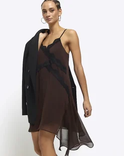 River Island lace trim asymmetric slip mini dress Brown Online