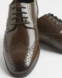 River Island lace up leather brogue derby shoes Brown Sale