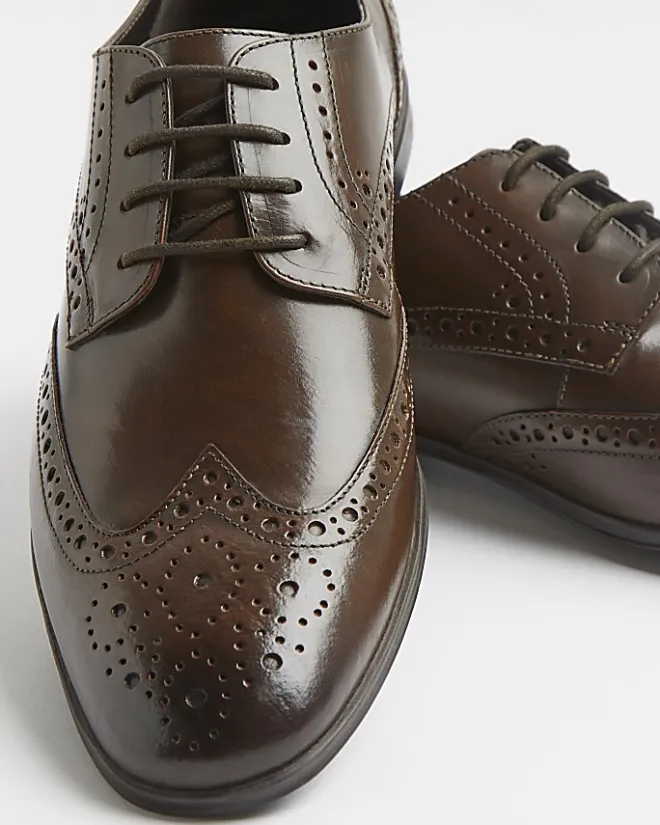 River Island lace up leather brogue derby shoes Brown Sale