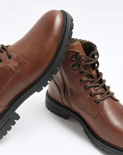River Island leather padded collar boots Brown Online