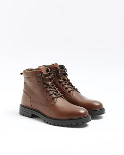 River Island leather padded collar boots Brown Online