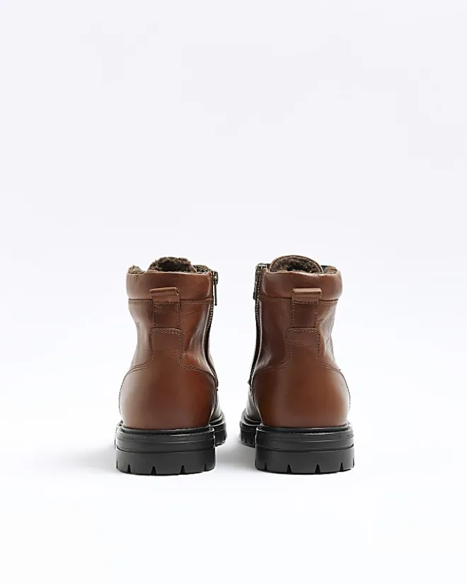 River Island leather padded collar boots Brown Online