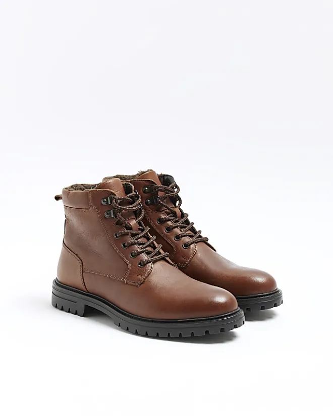 River Island leather padded collar boots Brown Online