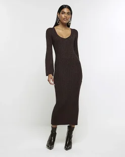 River Island long sleeve jumper midi dress Brown Outlet