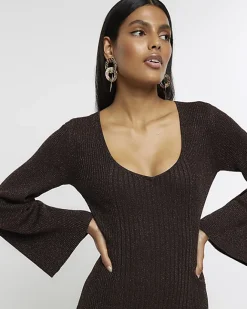 River Island long sleeve jumper midi dress Brown Outlet