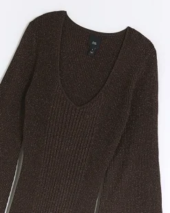 River Island long sleeve jumper midi dress Brown Outlet